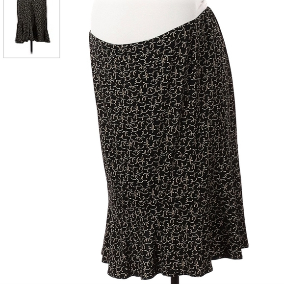Motherhood Maternity Midi Skirt Women's Medium M Black Tan All Over Print EUC - Picture 1 of 6